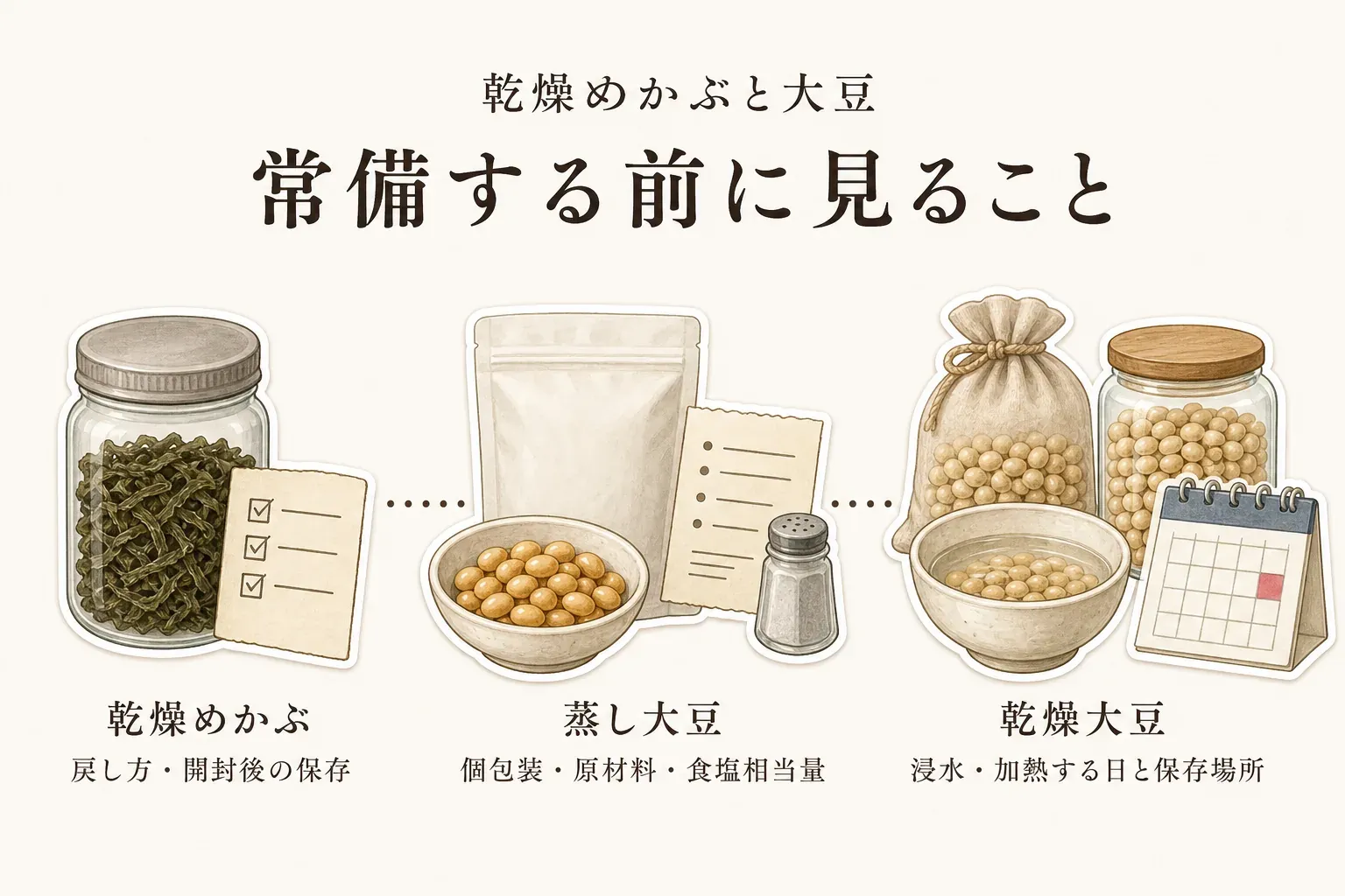 乾燥めかぶと大豆を常備する前の確認事項を示す図。乾燥めかぶは『戻し方・開封後の保存』、蒸し大豆は『個包装・原材料・食塩相当量』、乾燥大豆は『浸水・加熱する日と保存場所』を、保存容器、包装、原材料表示、カレンダーのイラストで示す。記事本文をもとに作成。