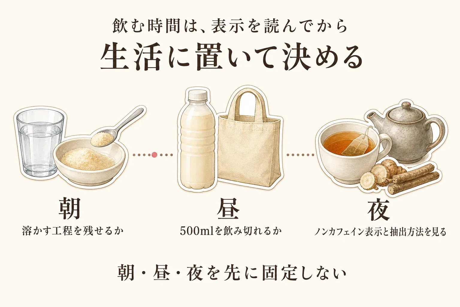 飲む時間は表示を読んでから生活に置いて決めることを示す図。朝は水と乳酸菌粉末を溶かす工程を残せるか、昼は乳酸菌飲料500mlを飲み切れるか、夜は菊芋ごぼう茶のノンカフェイン表示と抽出方法を見る、という3つの場面を描く。