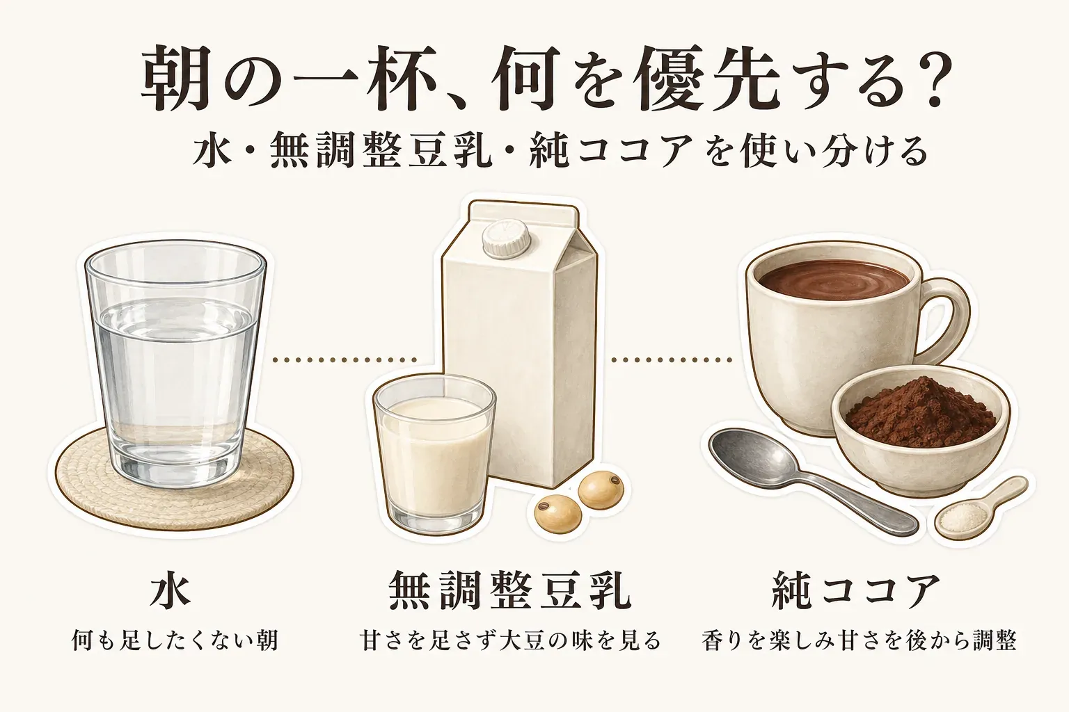 水・無調整豆乳・純ココアを朝の優先したいこと別に使い分ける図。水は何も足したくない朝、無調整豆乳は甘さを足さず大豆の味を見たい朝、純ココアは香りを楽しみ甘さを後から調整したい朝の選択肢として、コップの水、豆乳パックと大豆、ココアのカップと粉を描く。記事本文をもとに作成。