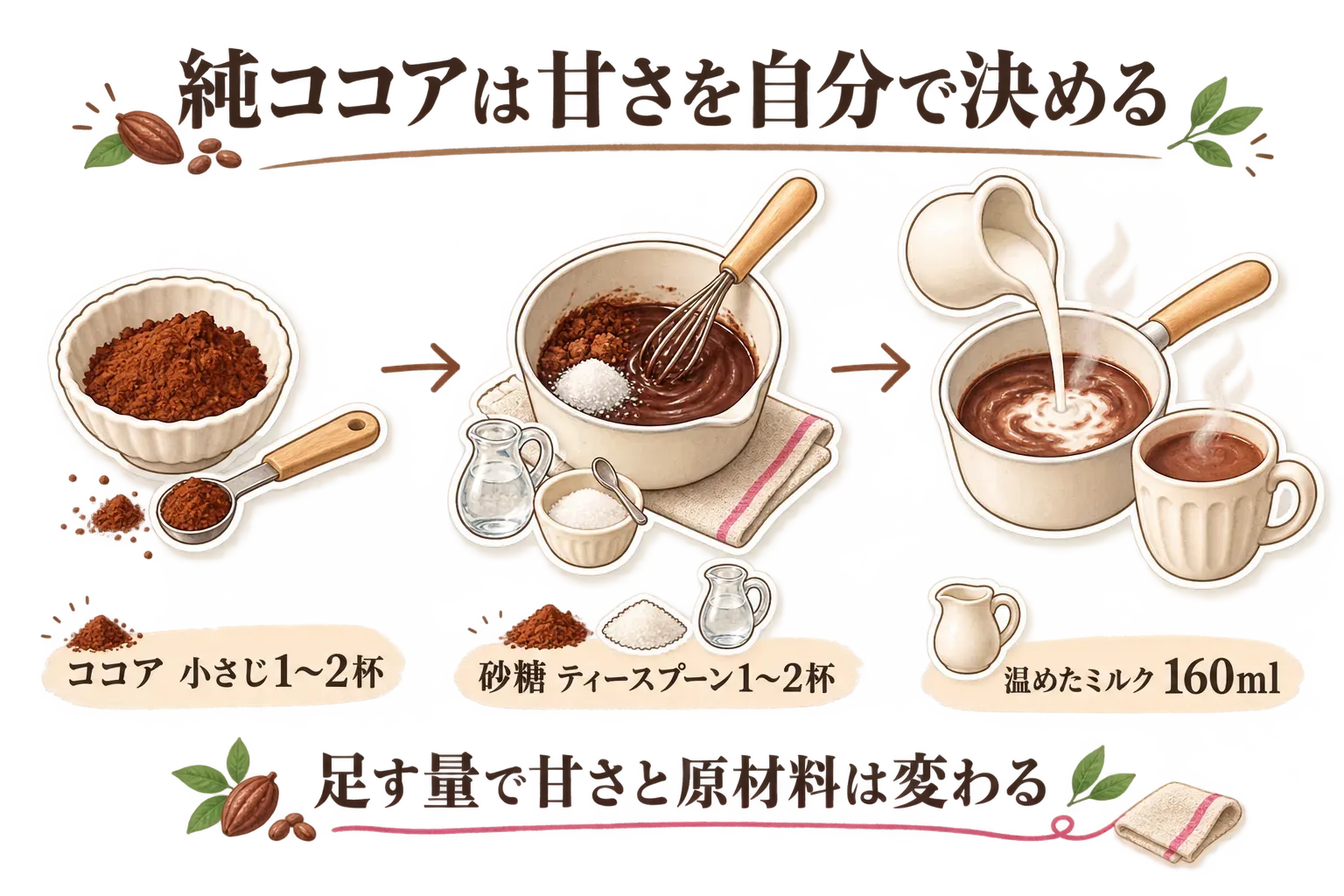 純ココアを甘さを自分で決めて作る手順の図。ココア小さじ1〜2杯に砂糖ティースプーン1〜2杯と少量の水を加えて練り、温めたミルク160mlを注ぐ流れを、ココア粉、泡立て器、鍋、カップで示す。足す量で甘さと原材料は変わることを案内する。記事本文の商品説明をもとに作成。
