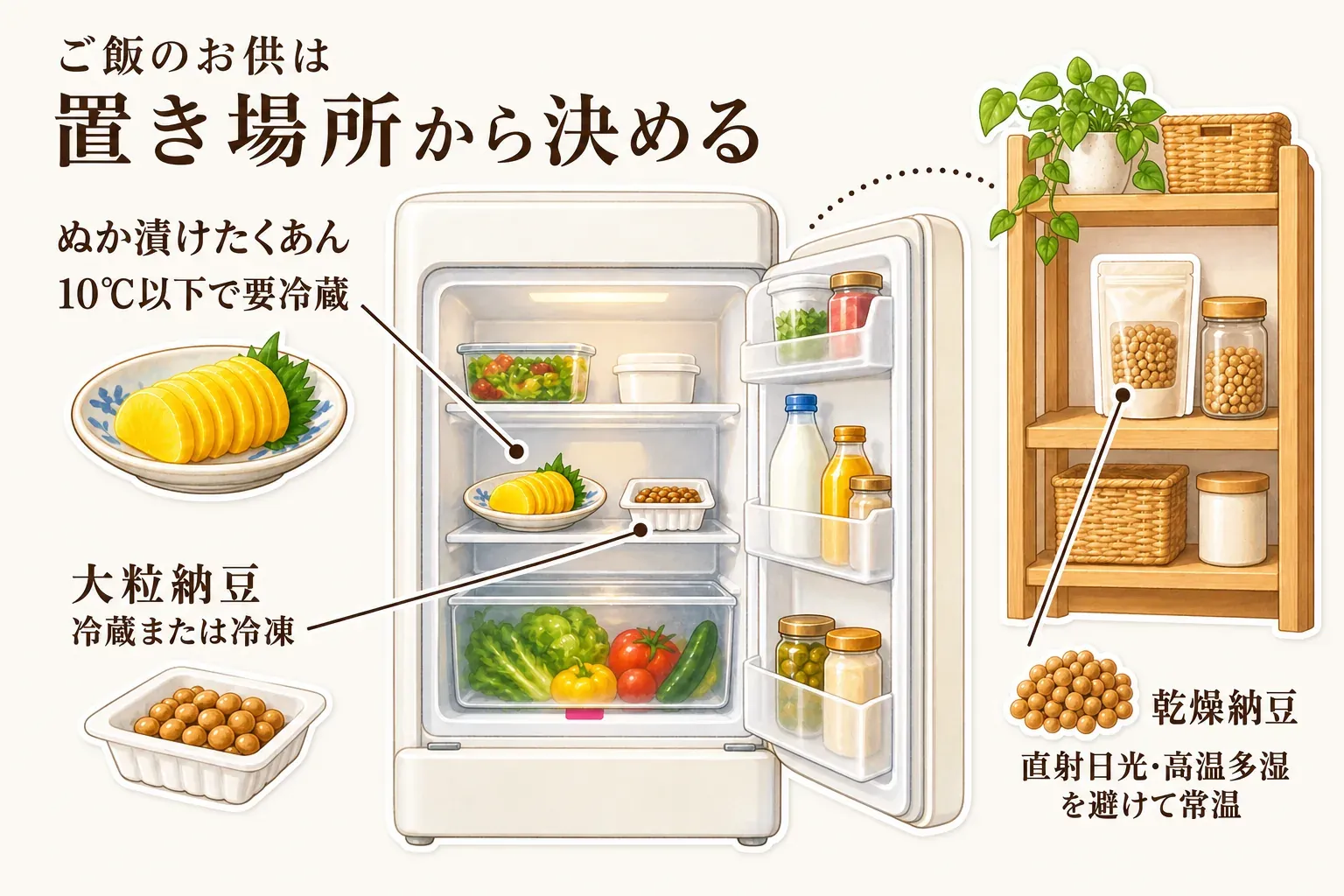 ぬか漬けたくあんは10℃以下で要冷蔵、大粒納豆は冷蔵または冷凍、乾燥納豆は直射日光・高温多湿を避けて常温で保存する置き場所を、冷蔵庫と棚のイラストで示した図