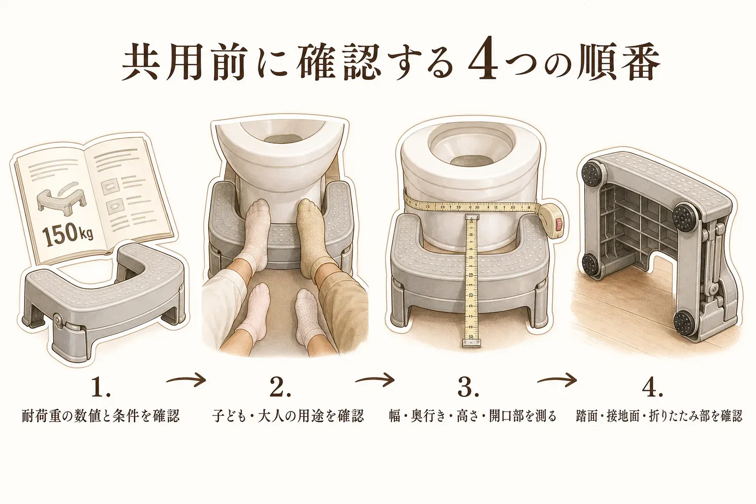 子どもと大人でトイレ踏み台を共用する前に確認する4つの順番を示す図。耐荷重の数値と条件を確認する、子ども・大人の用途を確認する、便器まわりで幅・奥行き・高さ・開口部を測る、踏面・接地面・折りたたみ部を確認する流れを描く。記事本文をもとに作成。