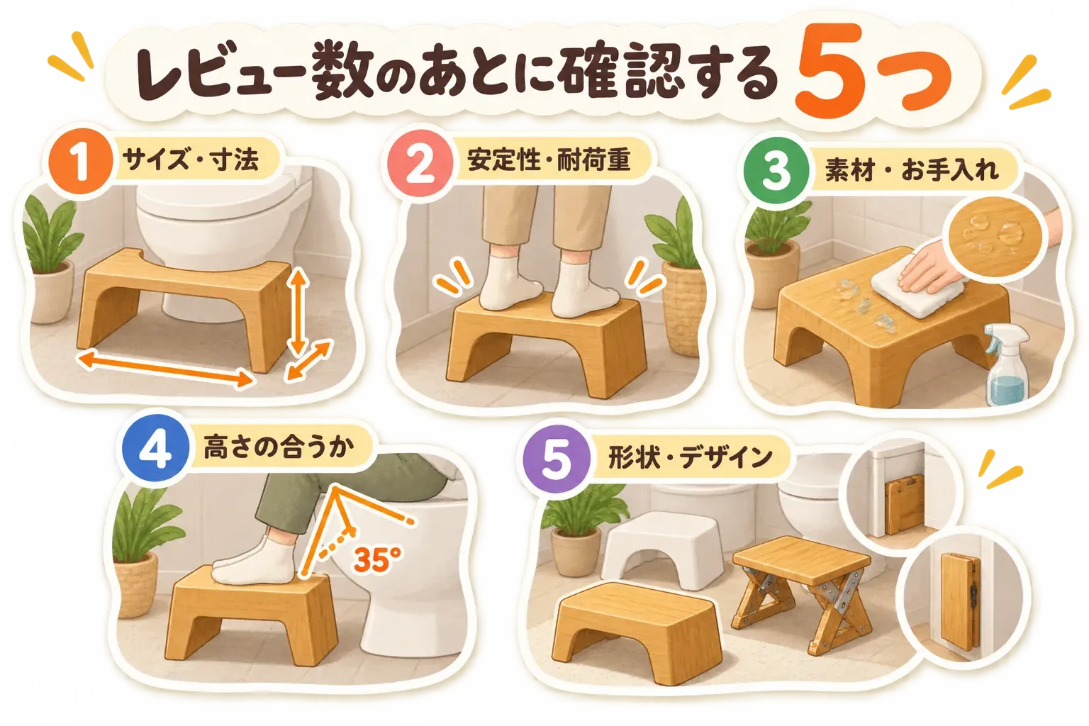 レビュー数で候補を絞った後にトイレ踏み台で確認する5つを示す図。サイズ・寸法、安定性・耐荷重、素材・お手入れ、高さが合うか、形状・デザインを、便器前の踏み台や拭き掃除、折りたたみ式のイラストで示す。記事本文をもとに作成。